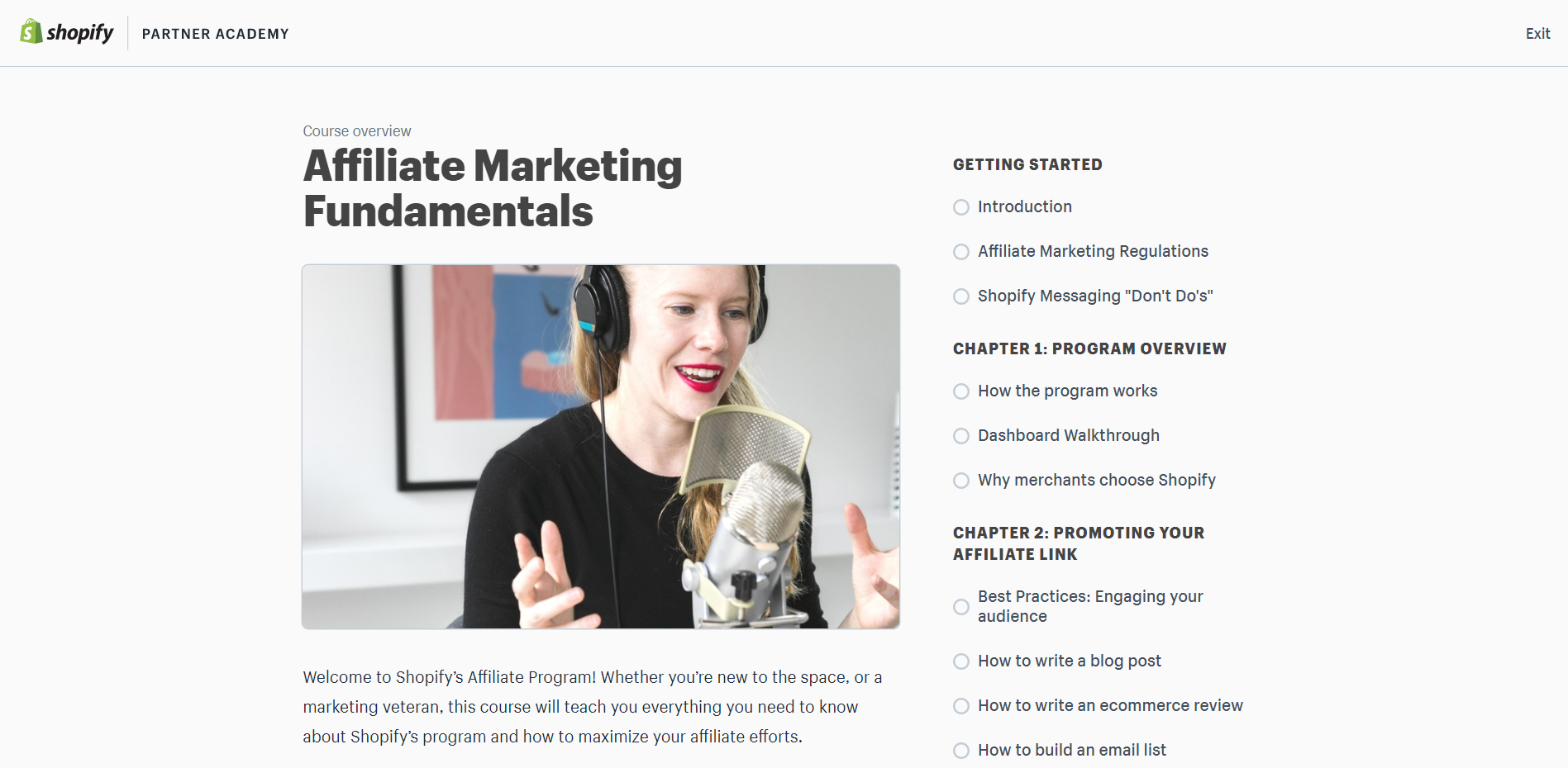 The Shopify Academy for affiliate marketing page