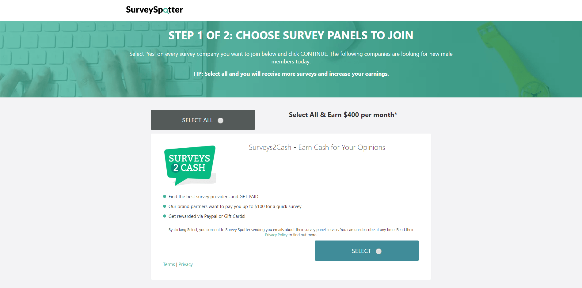 Survey Spotter sign-up step 1Survey Spotter choose survey paneks