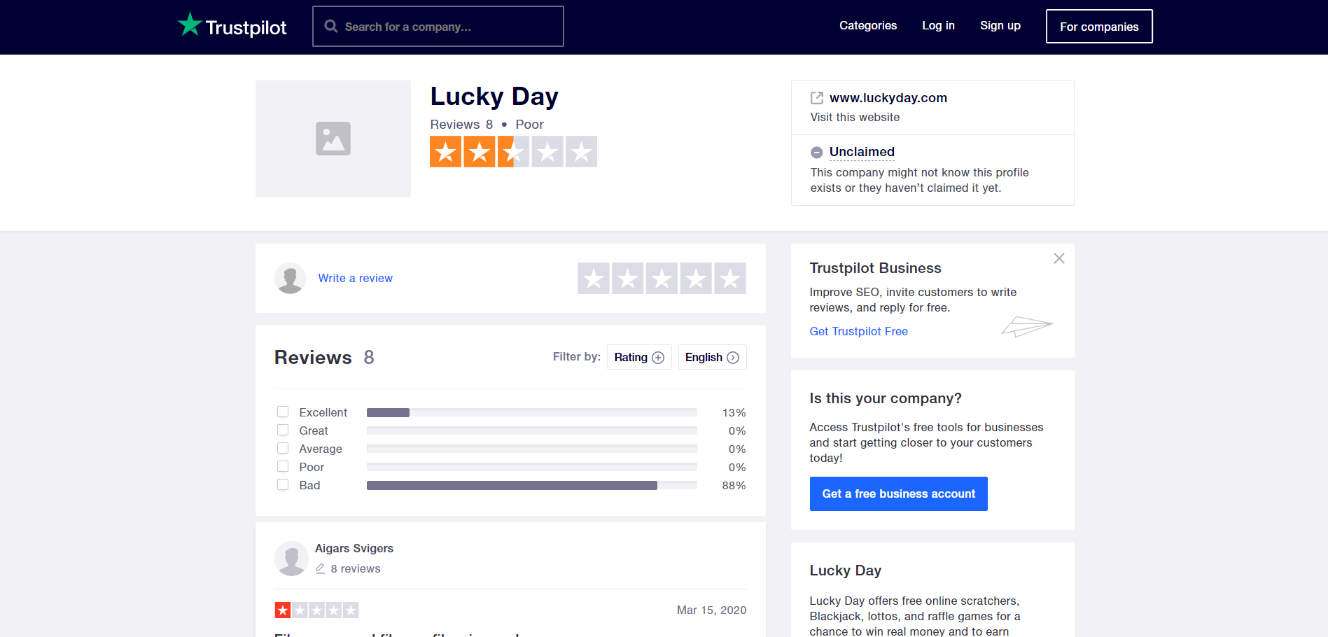 trustpilot luck day app rating
