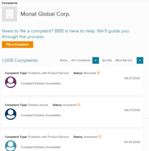 BBB complaints Monat Global
