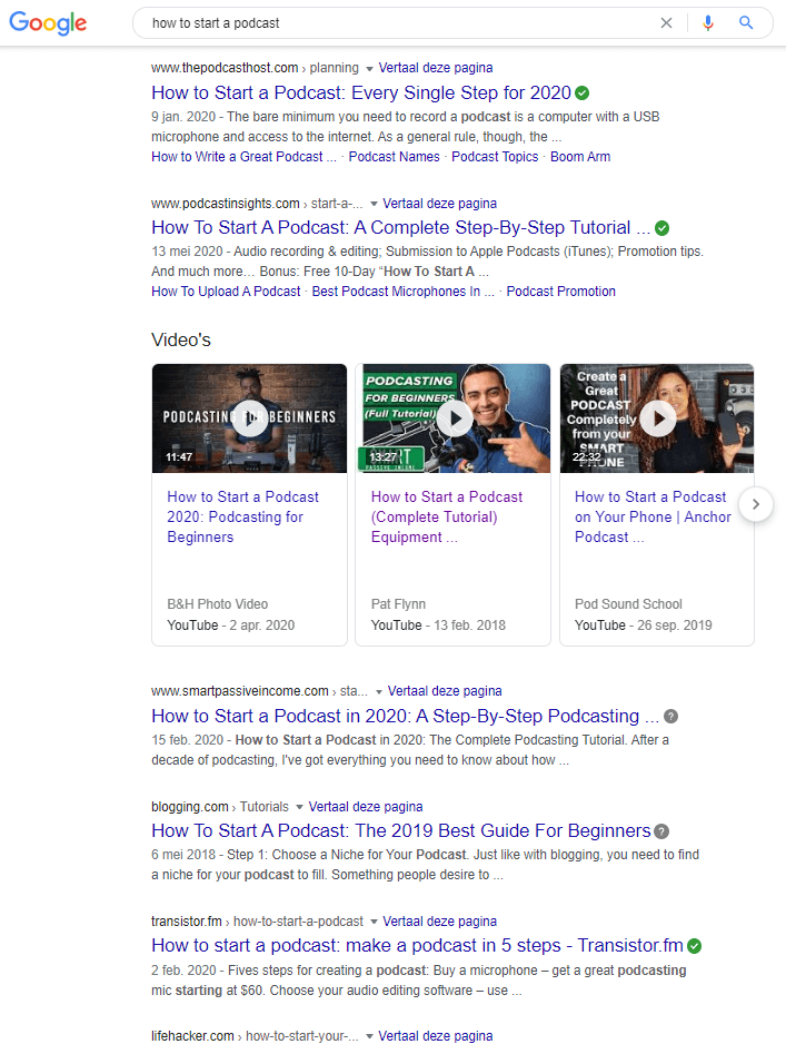 Google results for how to start a podcast