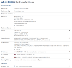 WHOIS info Bonus Junkies