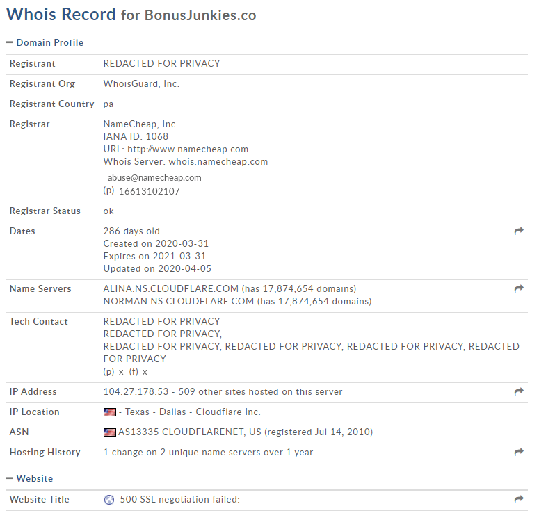 WHOIS info Bonus Junkies