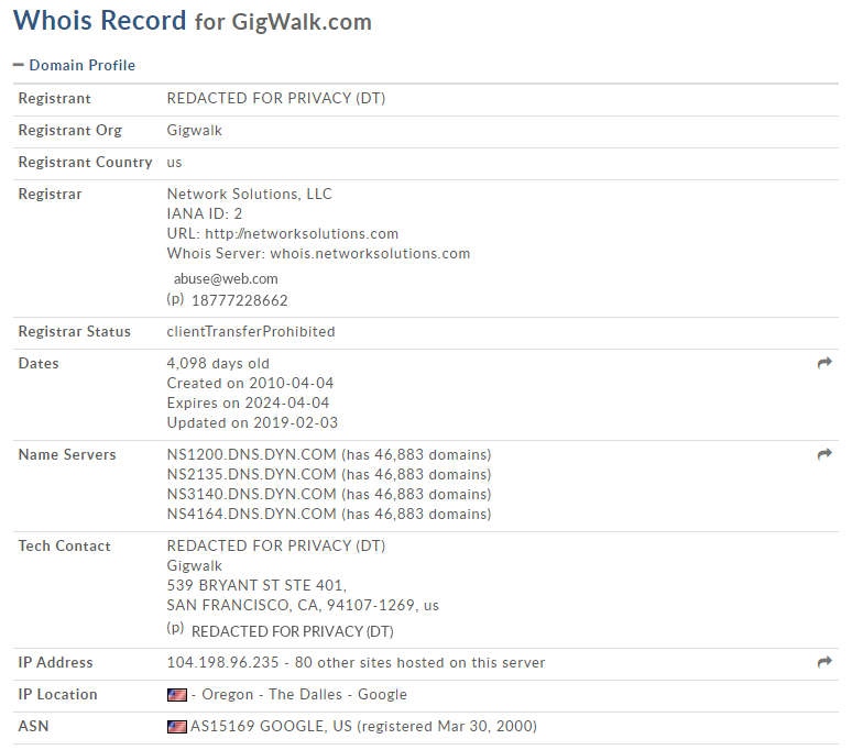 Whois information Gigwalk