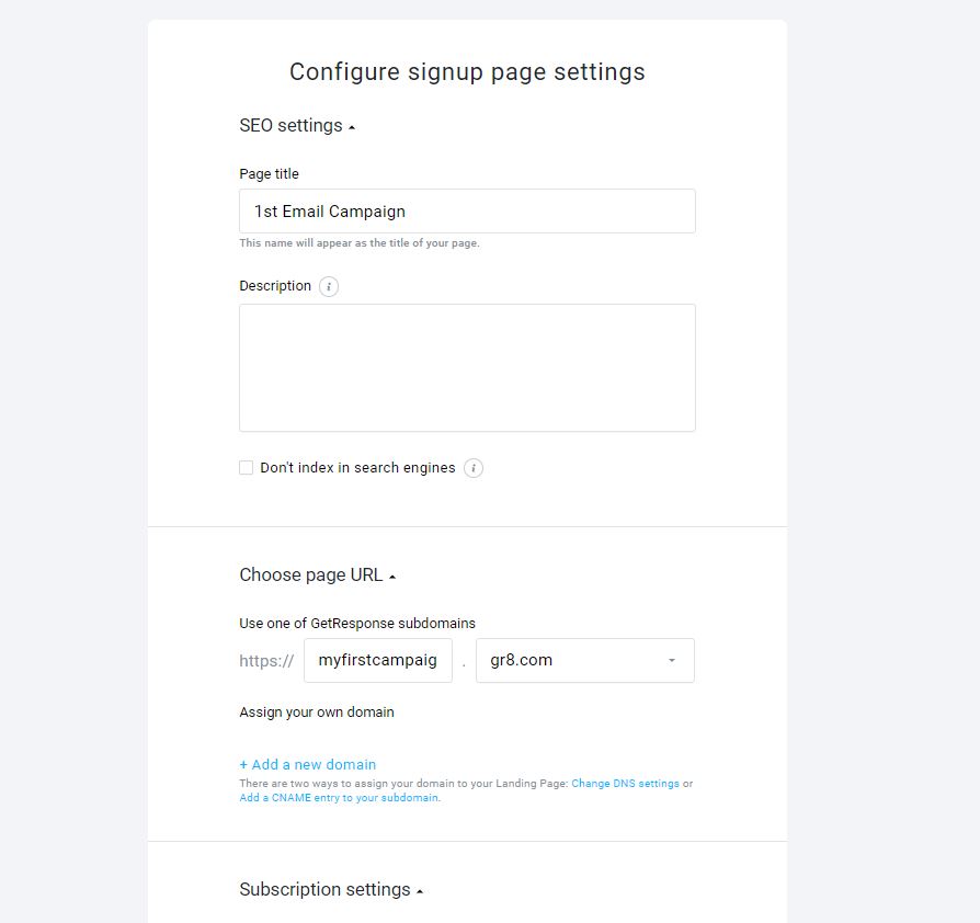 Getresponse configure sign-up page settings