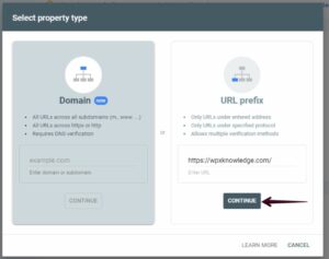 Google search console select property type