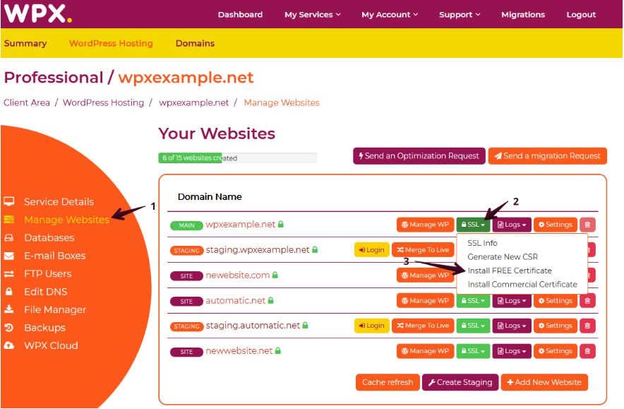 WPX manage website install free SSL