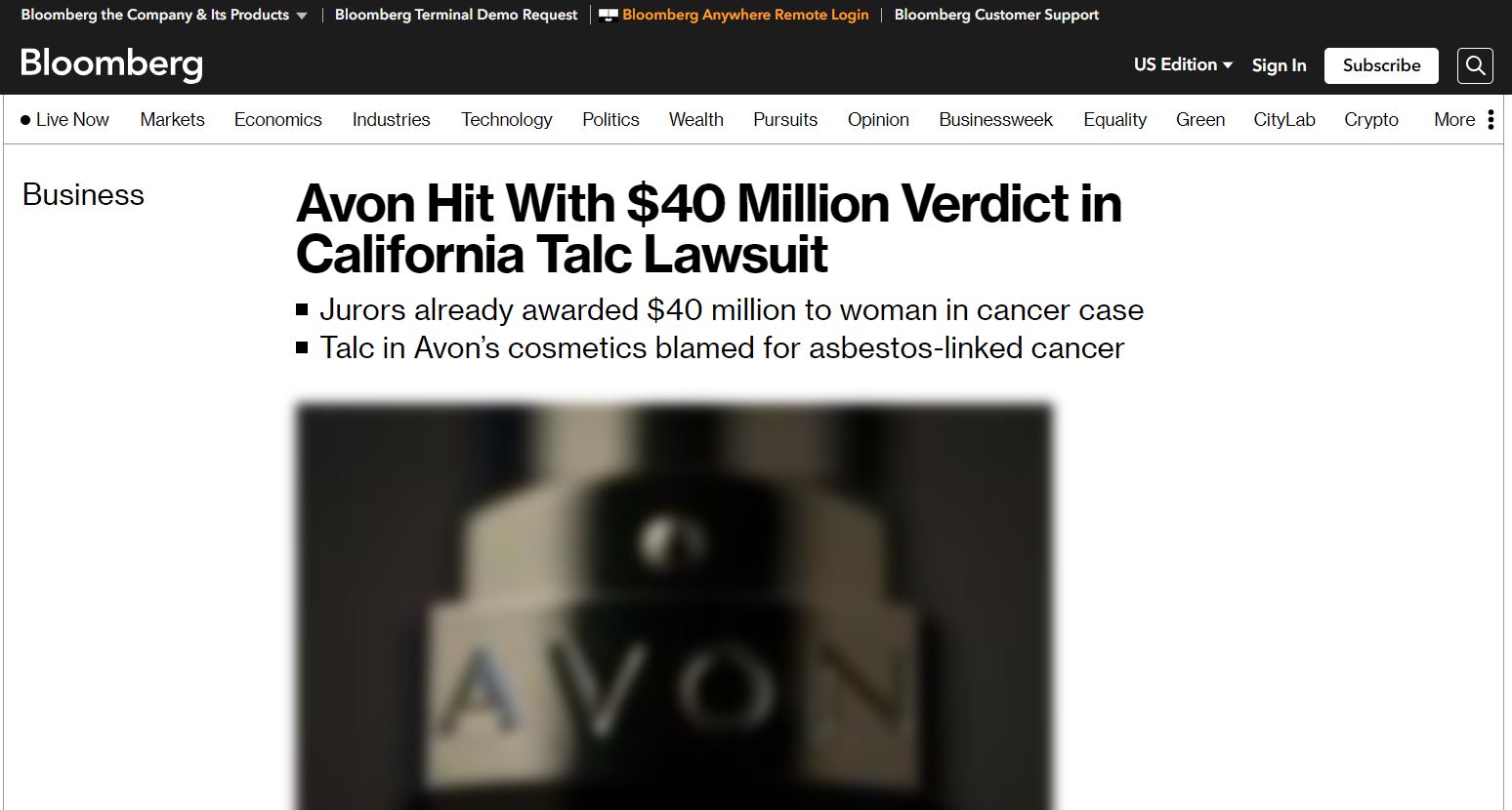 Bloomberg on Avon Talc Lawsuit 